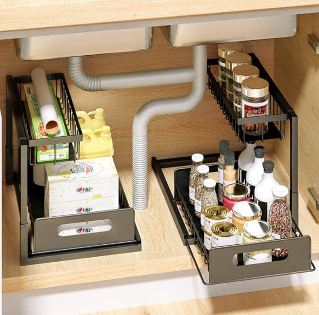Black Steel Kitchen Bathroom Benchtop Under Sink Storage Rack.
